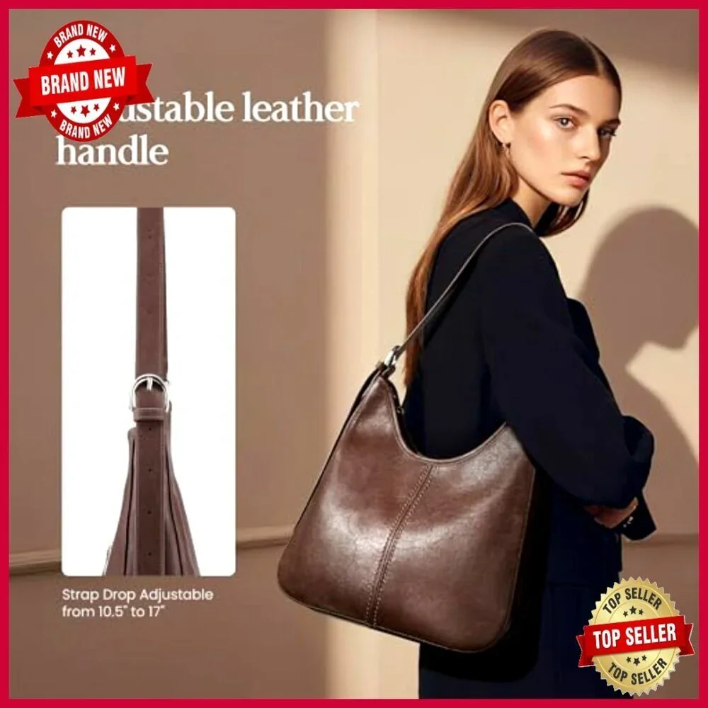 Genuine Leather Hobo Shoulder Bag with Adjustable Strap, 5.1L Capacity